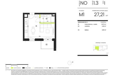 Rzut - Mieszkanie na sprzedaż 1 pokój o powierzchni 27,21 m² - numer NO.1.3 w Ogrody Staromiejskie