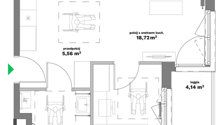 Rzut - Mieszkanie na sprzedaż 2 pokoje o powierzchni 37,42 m² - numer B2-14 w Forma Otwarta etap II