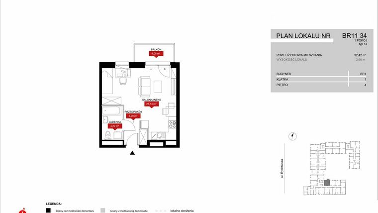 Rzut - Mieszkanie na sprzedaż 1 pokój o powierzchni 32,42 m² - numer BR11/34 w Browary Wrocławskie 2