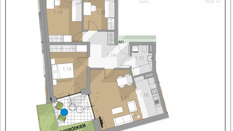 Rzut - Mieszkanie na sprzedaż 4 pokoje o powierzchni 79,04 m² - numer A.M1 w Villa Botanica