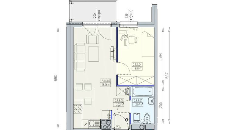 Rzut - Mieszkanie na sprzedaż 2 pokoje o powierzchni 35,62 m² - numer K1 2/8/8/2a w Południk 17 - budynek K1