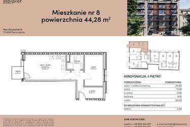 Rzut - Mieszkanie na sprzedaż 2 pokoje o powierzchni 44,28 m² - numer M8 w Plac Słowiański 9
