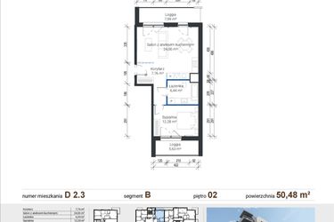 Rzut - Mieszkanie na sprzedaż 2 pokoje o powierzchni 50,48 m² - numer D 2.3 w Nowe Zabłocie