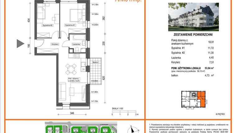 Rzut - Mieszkanie na sprzedaż 3 pokoje o powierzchni 53,84 m² - numer A1/M01/3P w Zielony Brochów 7 - etap A