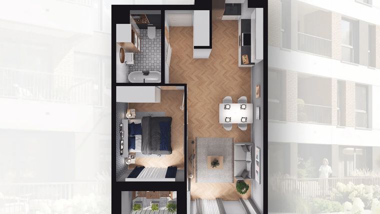 Rzut - Mieszkanie na sprzedaż 2 pokoje o powierzchni 43,17 m² - numer B2.47 w Quercus