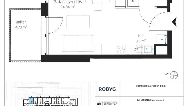 Rzut - Mieszkanie na sprzedaż 1 pokój o powierzchni 29,85 m² - numer J.3M12 w Nadmotławie Apartments etap J