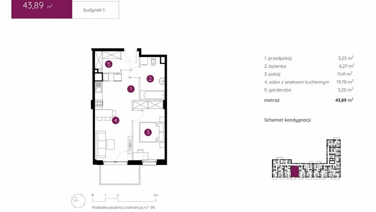 Rzut - Mieszkanie na sprzedaż 2 pokoje o powierzchni 43,89 m² - numer 1.B.8.03 w Murapol Urcity