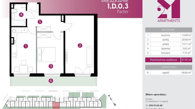 Rzut - Mieszkanie na sprzedaż 2 pokoje o powierzchni 57,97 m² - numer 1.D.0.3 w Maślice Wrocław Milo Dobry Deweloper etap IV