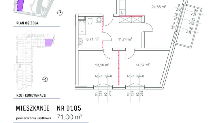Rzut - Mieszkanie na sprzedaż 3 pokoje o powierzchni 71 m² - numer D105 w Osiedle Impresja 2