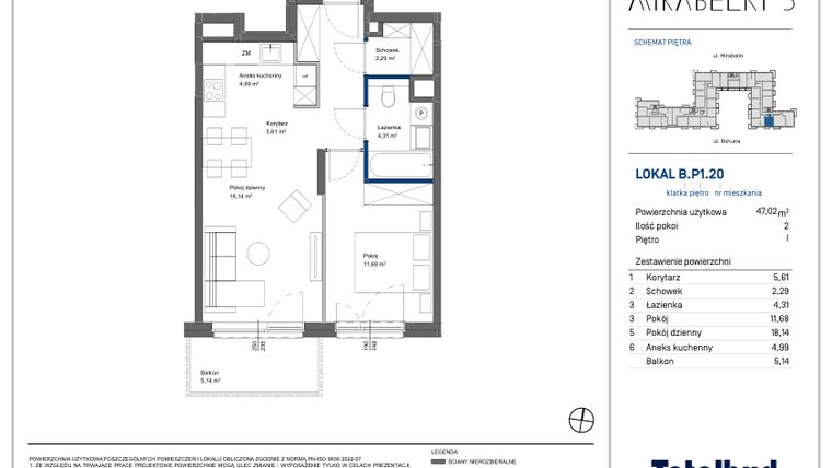 Rzut - Mieszkanie na sprzedaż 2 pokoje o powierzchni 47,29 m² - numer B.P1.20 w Mirabelki 5