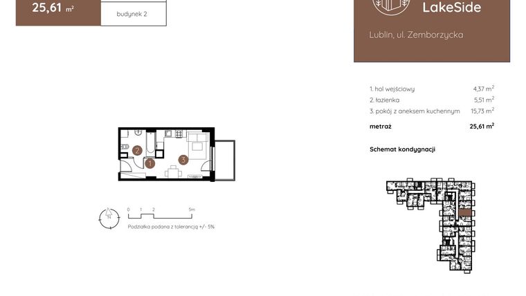 Rzut - Mieszkanie na sprzedaż 1 pokój o powierzchni 25,61 m² - numer 2.B.2.05 w Murapol LakeSide