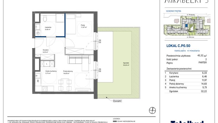 Rzut - Mieszkanie na sprzedaż 2 pokoje o powierzchni 45,76 m² - numer C.P0.50 w Mirabelki 5