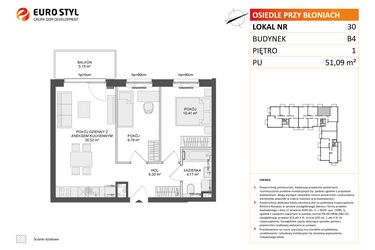 Rzut - Mieszkanie na sprzedaż 3 pokoje o powierzchni 51,09 m² - numer B4.30 w Osiedle Przy Błoniach 3 etap III