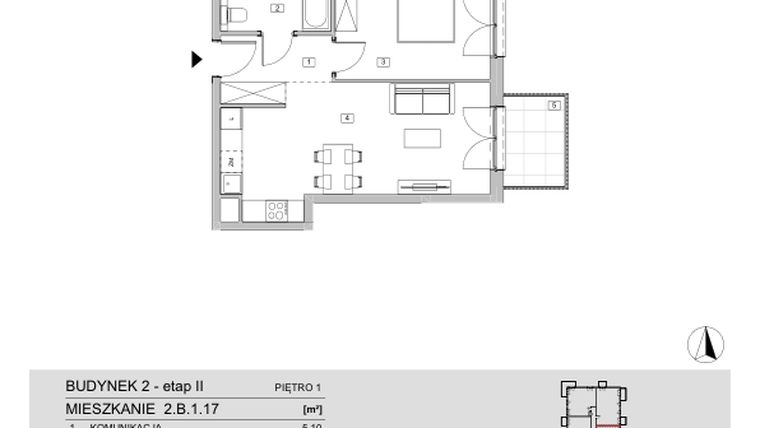 Rzut - Mieszkanie na sprzedaż 2 pokoje o powierzchni 46,16 m² - numer 2.B.1.17 w ATAL Apollina II
