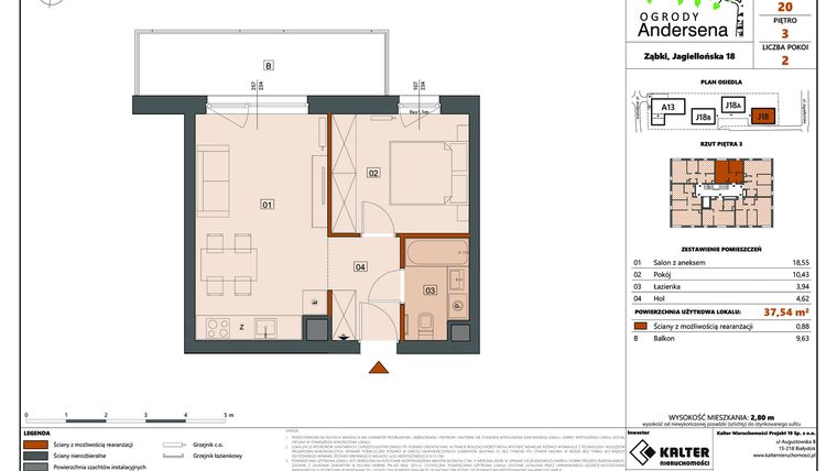 Rzut - Mieszkanie na sprzedaż 2 pokoje o powierzchni 37,54 m² - numer 20D w Ogrody Andersena