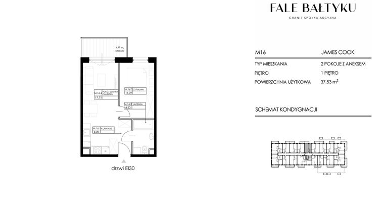 Rzut - Mieszkanie na sprzedaż 2 pokoje o powierzchni 37,53 m² - numer FBJC-M16 w Fale Bałtyku Cook
