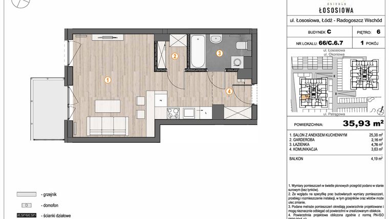 Rzut - Mieszkanie na sprzedaż 1 pokój o powierzchni 35,93 m² - numer 66 - C6.7 w Osiedle Łososiowa