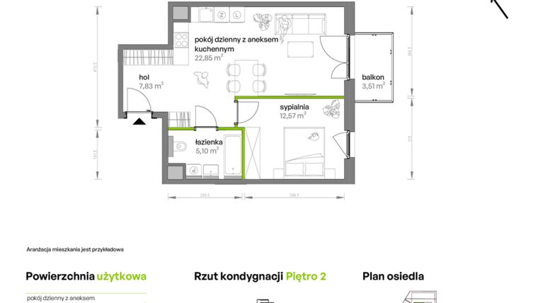 Rzut - Mieszkanie na sprzedaż 2 pokoje o powierzchni 48,35 m² - numer AA0209 w Ptasia Vita