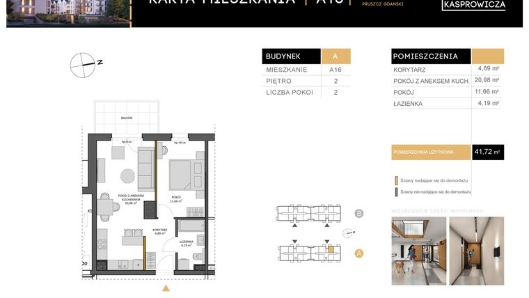 Rzut - Mieszkanie na sprzedaż 2 pokoje o powierzchni 41,72 m² - numer A.16 w Osiedle Kasprowicza