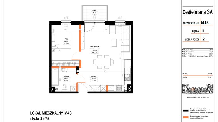 Rzut - Mieszkanie na sprzedaż 2 pokoje o powierzchni 53,72 m² - numer 43 w Osiedle StaLove etap II