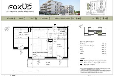 Rzut - Mieszkanie na sprzedaż 3 pokoje o powierzchni 56,36 m² - numer B1-26 w Fokus Bielany