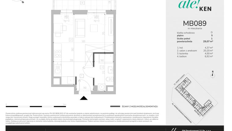 Rzut - Mieszkanie na sprzedaż 1 pokój o powierzchni 29,07 m² - numer MB089 w Ale!Ken etap 2