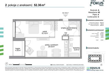 Rzut - Mieszkanie na sprzedaż 2 pokoje o powierzchni 52,36 m² - numer 82 w Osiedle Fokus Ursus