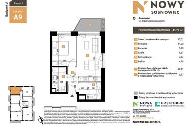 Rzut - Mieszkanie na sprzedaż 2 pokoje o powierzchni 43,78 m² - numer A9 w Nowy Sosnowiec