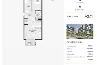 Rzut - Mieszkanie na sprzedaż 3 pokoje o powierzchni 65,49 m² - numer A2.11 w Enklawa Bukowa