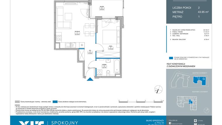 Rzut - Mieszkanie na sprzedaż 2 pokoje o powierzchni 43,95 m² - numer GD0105 w Spokojny Mokotów etap II