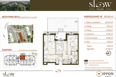 Rzut - Mieszkanie na sprzedaż 3 pokoje o powierzchni 55,06 m² - numer B4.2.13 w Osiedle SLOW