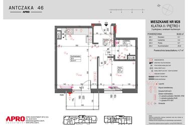 Rzut - Mieszkanie na sprzedaż 2 pokoje o powierzchni 38,8 m² - numer M28 w Antczaka 46