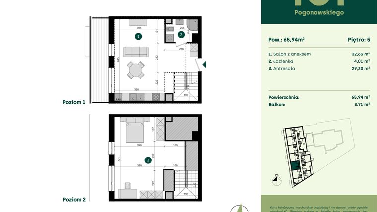Rzut - Mieszkanie na sprzedaż 1 pokój o powierzchni 65,94 m² - numer POGO2/A/6F w Pogonowskiego 52