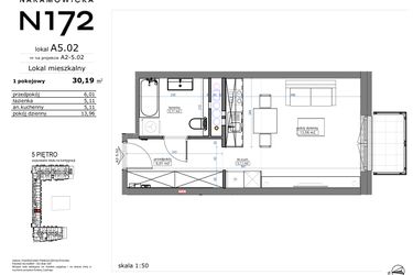 Rzut - Mieszkanie na sprzedaż 1 pokój o powierzchni 30,19 m² - numer A5.02 w Naramowicka 172