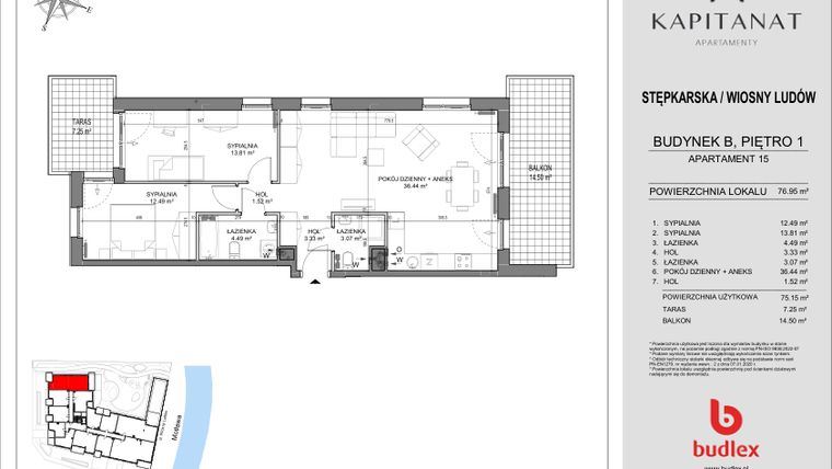 Rzut - Mieszkanie na sprzedaż 1 pokój o powierzchni 76,95 m² - numer 15.B w Kapitanat Apartamenty