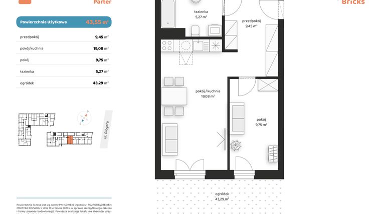 Rzut - Mieszkanie na sprzedaż 2 pokoje o powierzchni 43,55 m² - numer M I.0.5 w Glogera Bricks