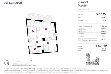 Rzut - Mieszkanie na sprzedaż 1 pokój o powierzchni 53,86 m² - numer 3.C.0.10 w Murapol Agosto