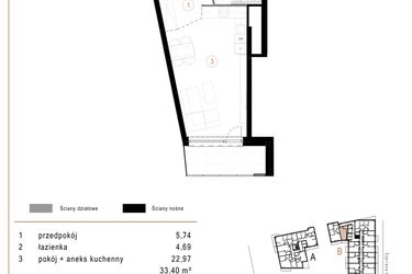 Rzut - Mieszkanie na sprzedaż 1 pokój o powierzchni 33,4 m² - numer B32 w Osiedle Józefowska
