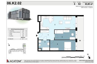Rzut - Mieszkanie na sprzedaż 3 pokoje o powierzchni 63,85 m² - numer 06.K2.02 w Langiewicza 37