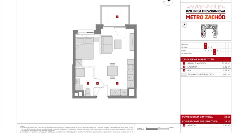 Rzut - Mieszkanie na sprzedaż 1 pokój o powierzchni 29,26 m² - numer A.36 w Dzielnica Mieszkaniowa Metro Zachód - etap 8.1