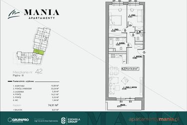 Rzut - Mieszkanie na sprzedaż 3 pokoje o powierzchni 74,91 m² - numer 42 w MANIA Apartamenty