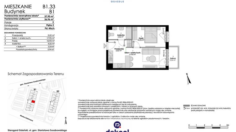Rzut - Mieszkanie na sprzedaż 2 pokoje o powierzchni 36,96 m² - numer B1.33 w Osiedle Chabrowe