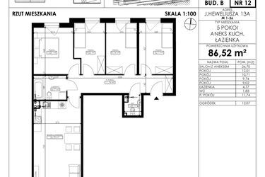 Rzut - Mieszkanie na sprzedaż 5 pokoi o powierzchni 86,52 m² - numer JAR-II-B-LM-M12 w Osiedle JAR Heweliusza etap II