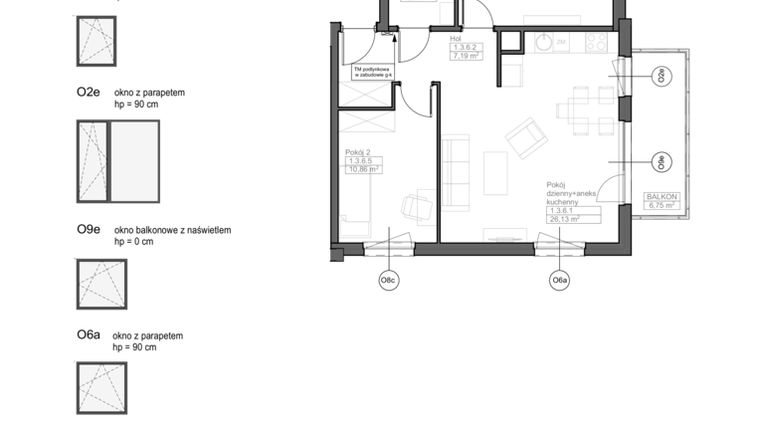 Rzut - Mieszkanie na sprzedaż 3 pokoje o powierzchni 61,34 m² - numer C.1.3.6 w Optima VII