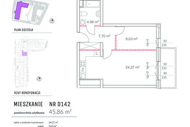 Rzut - Mieszkanie na sprzedaż 2 pokoje o powierzchni 45,86 m² - numer D142 w Osiedle Impresja 2