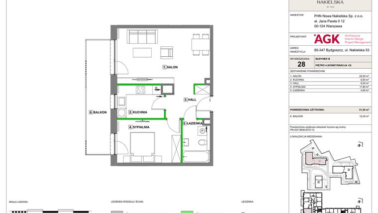 Rzut - Mieszkanie na sprzedaż 2 pokoje o powierzchni 51,2 m² - numer NN-B-LM-28 w Nowa Nakielska by PHN