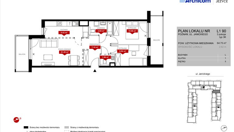 Rzut - Mieszkanie na sprzedaż 3 pokoje o powierzchni 64,75 m² - numer L1.90 w Wieża Jeżyce etap VI