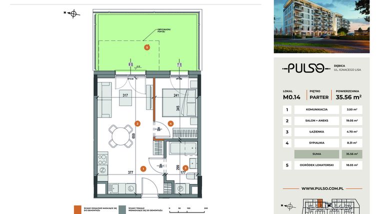 Rzut - Mieszkanie na sprzedaż 2 pokoje o powierzchni 35,56 m² - numer M0.14 w Pulso