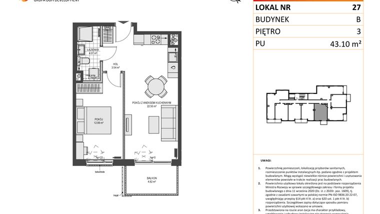 Rzut - Mieszkanie na sprzedaż 2 pokoje o powierzchni 43,1 m² - numer B27 w Przystań Brzeźno etap II