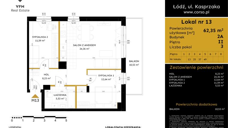 Rzut - Mieszkanie na sprzedaż 3 pokoje o powierzchni 62,35 m² - numer 2A.13 w Corso etap 2